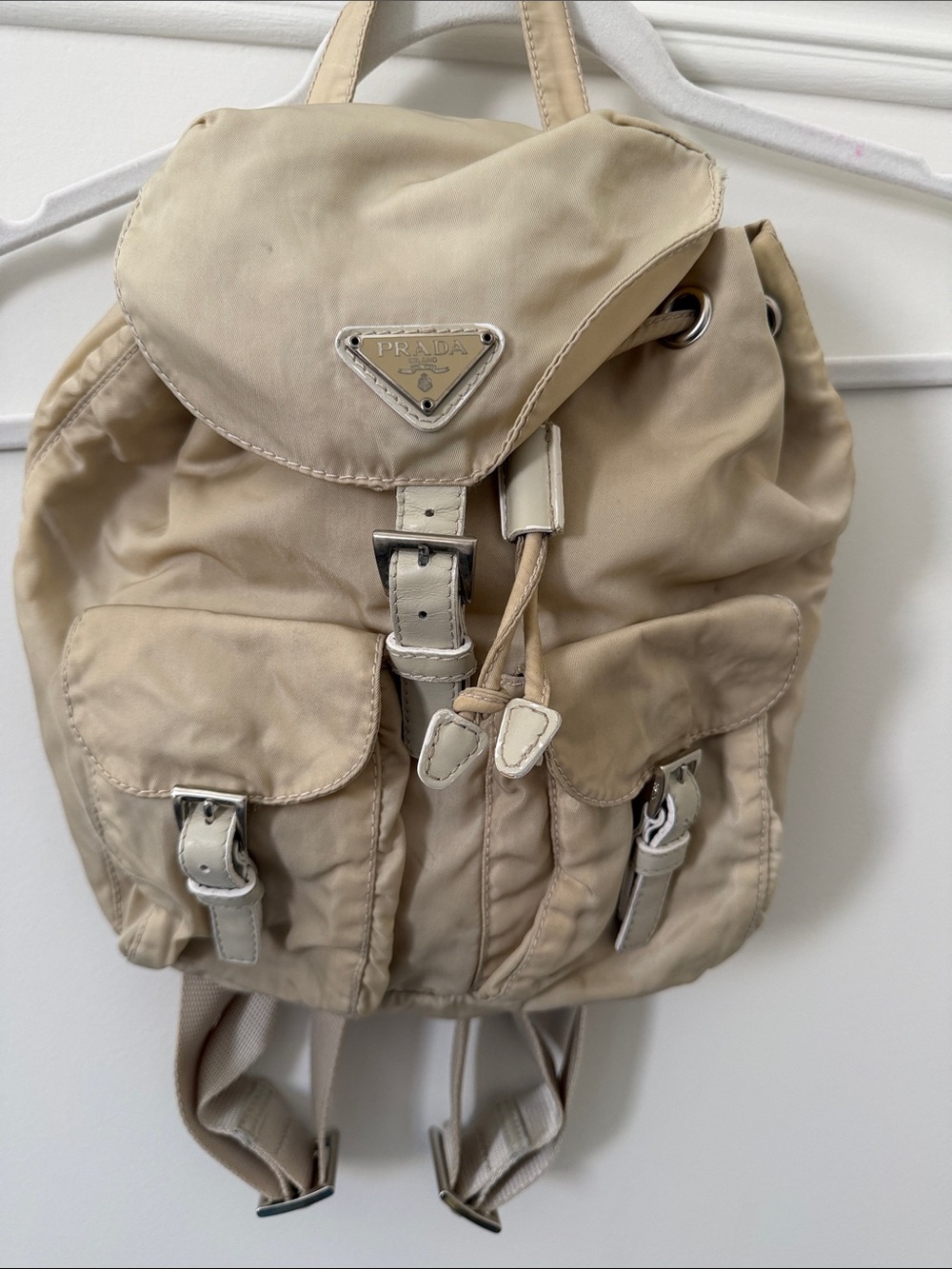 Prada Beige Nylon Backpack with Cream Leather Trim